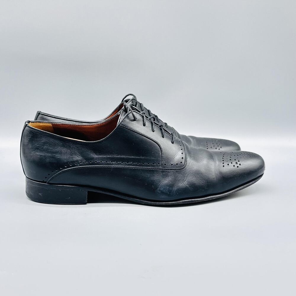 A Testoni Shoes Mens 9 Black Leather Oxford Cap Toe Brogue Slip On Dress